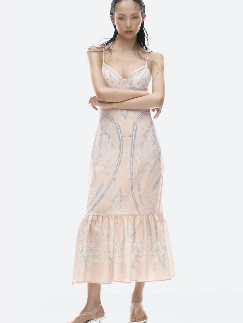 H&M Pale Peach Paisley Slip Midi Dress